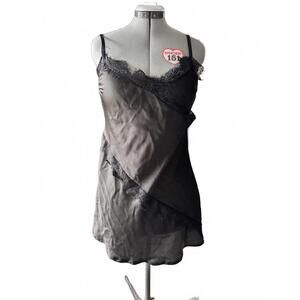 Black Satin Dress with Lace Trim